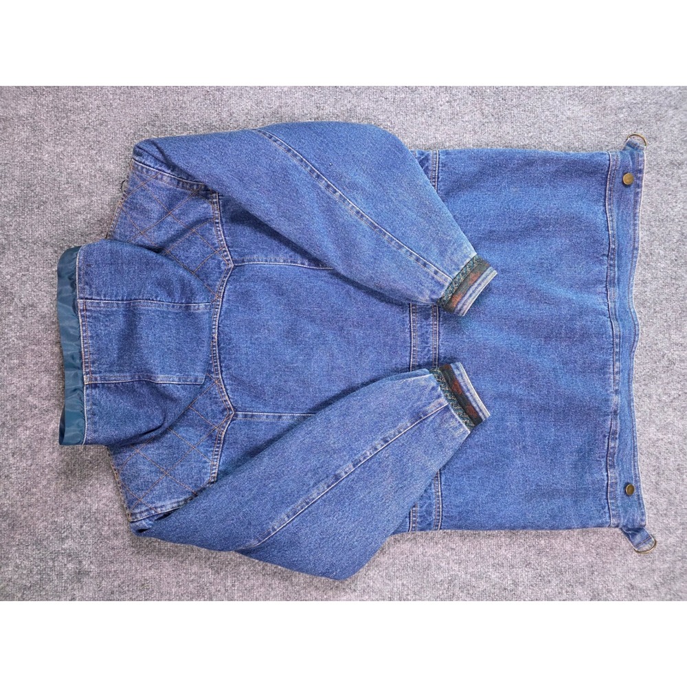 Vintage 90s Southwestern Aztec Denim Jacket Womens M Hooded Blanket Lined Long - Picture 9 of 10